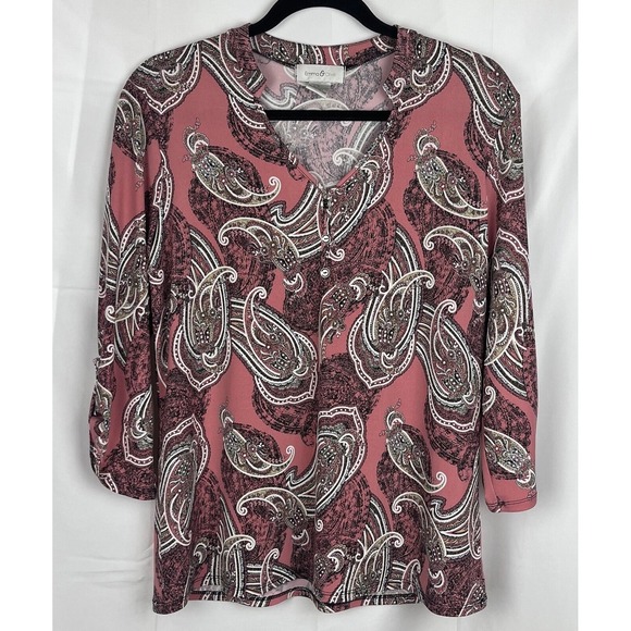 Emma&Olive‎ Pink Paisley Blouse Womens L V-Neck 3/4 Sleeve Boho Retro Career Top - Picture 1 of 15
